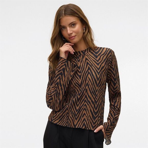 Vero Moda Wilhelmina Plisse Top Chocolate Torte Stripe Print Women's Size Small - Picture 4 of 10